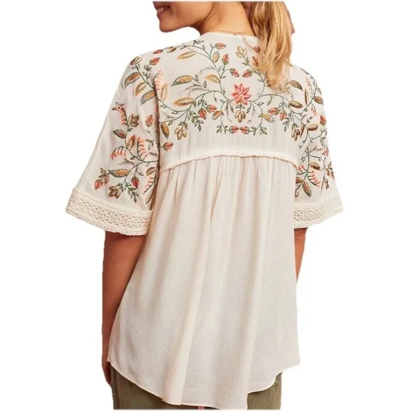 Ranna Gill Anthropologie Floral Embroidered V-Neck Blouse Bohemian Cream Large - Picture 2 of 10